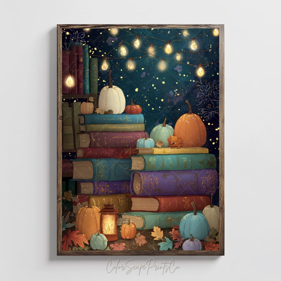 Cozy Magical Pumpkin Bookshelf Stack Night Reading Nook Poster
