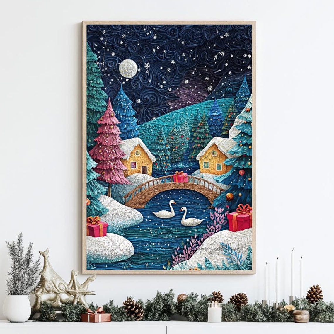 Paper Quilling Christmas Village with Swans Moonlight Night Poster