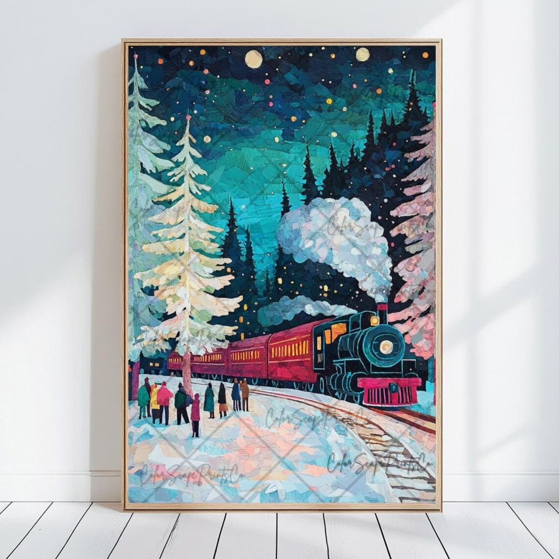 Christmas Train Snowy Station Mosaic Night Holiday Art Poster