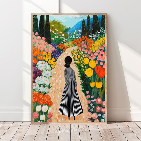 Woman Walking Through Colorful Flower Garden Path Art Poster