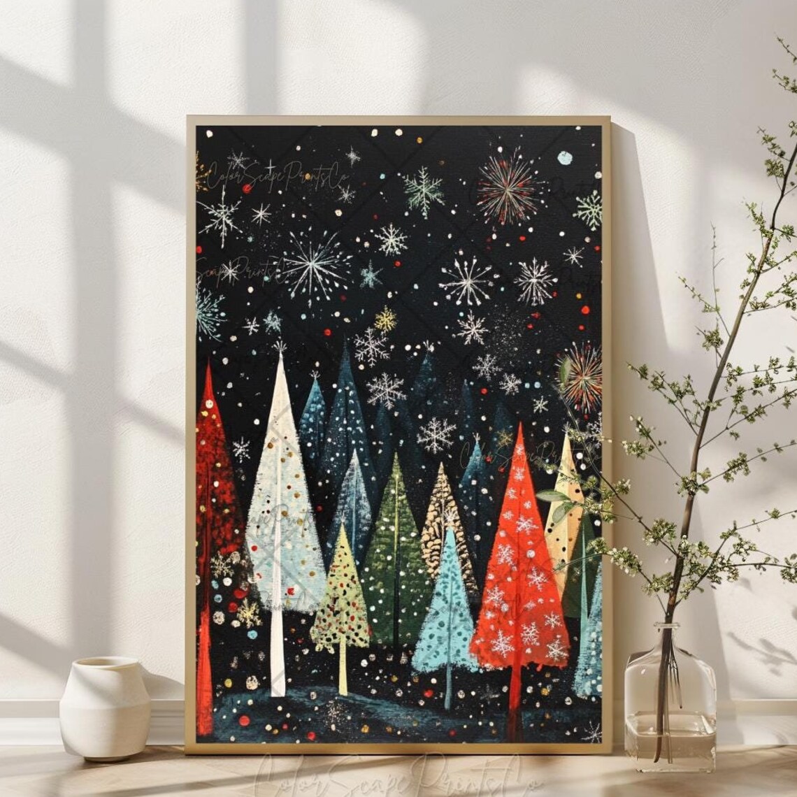 Enchanted Christmas Forest Art Print, Festive Trees