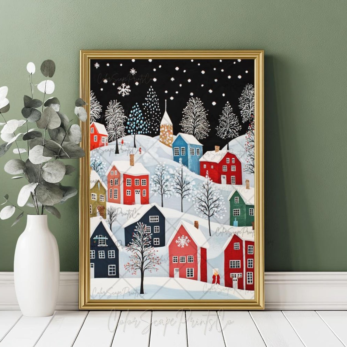 Christmas Village Print Winter Village Art Christmas Painting Winter Folk Art Painting Winter Landscape Christmas Art Colorful Winter Scene - Image 4