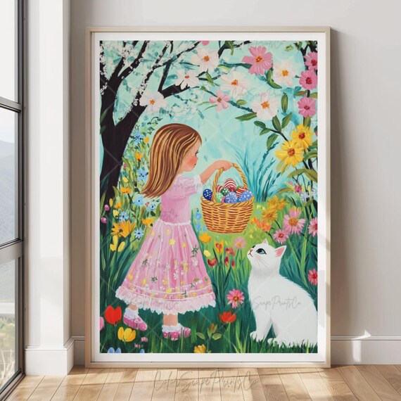 Girl With Easter Egg Basket In Flower Garden Spring Painting Poster