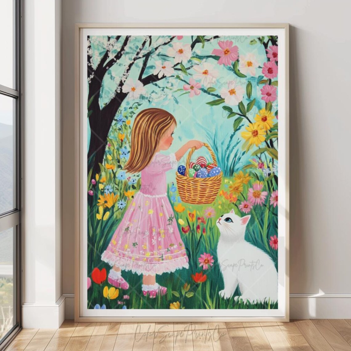 Girl With Easter Egg Basket In Flower Garden Spring Painting Poster