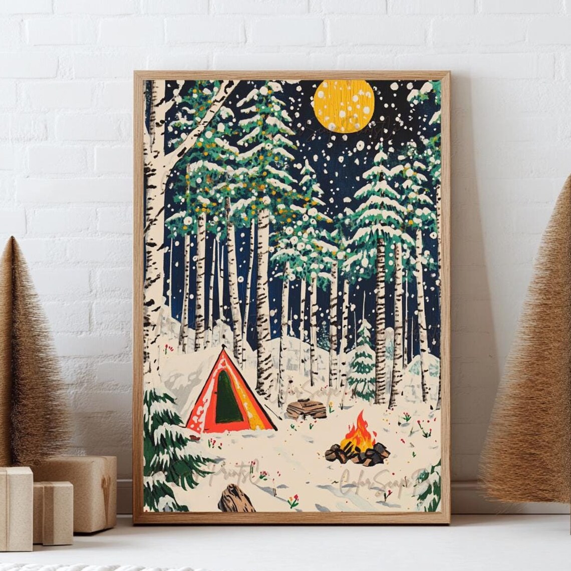 Winter Camping Scene, Enchanted Night Landscape