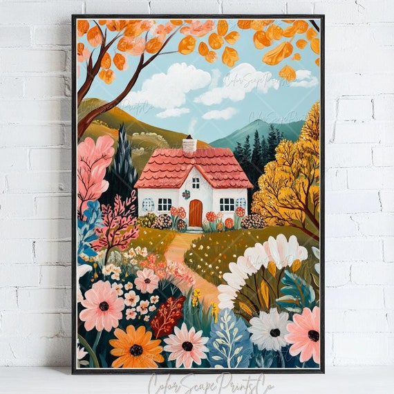 Spring Garden Illustration Flower Art Vibrant Landscape Painting Whimsical Floral Colorful Wall Bright Scenery