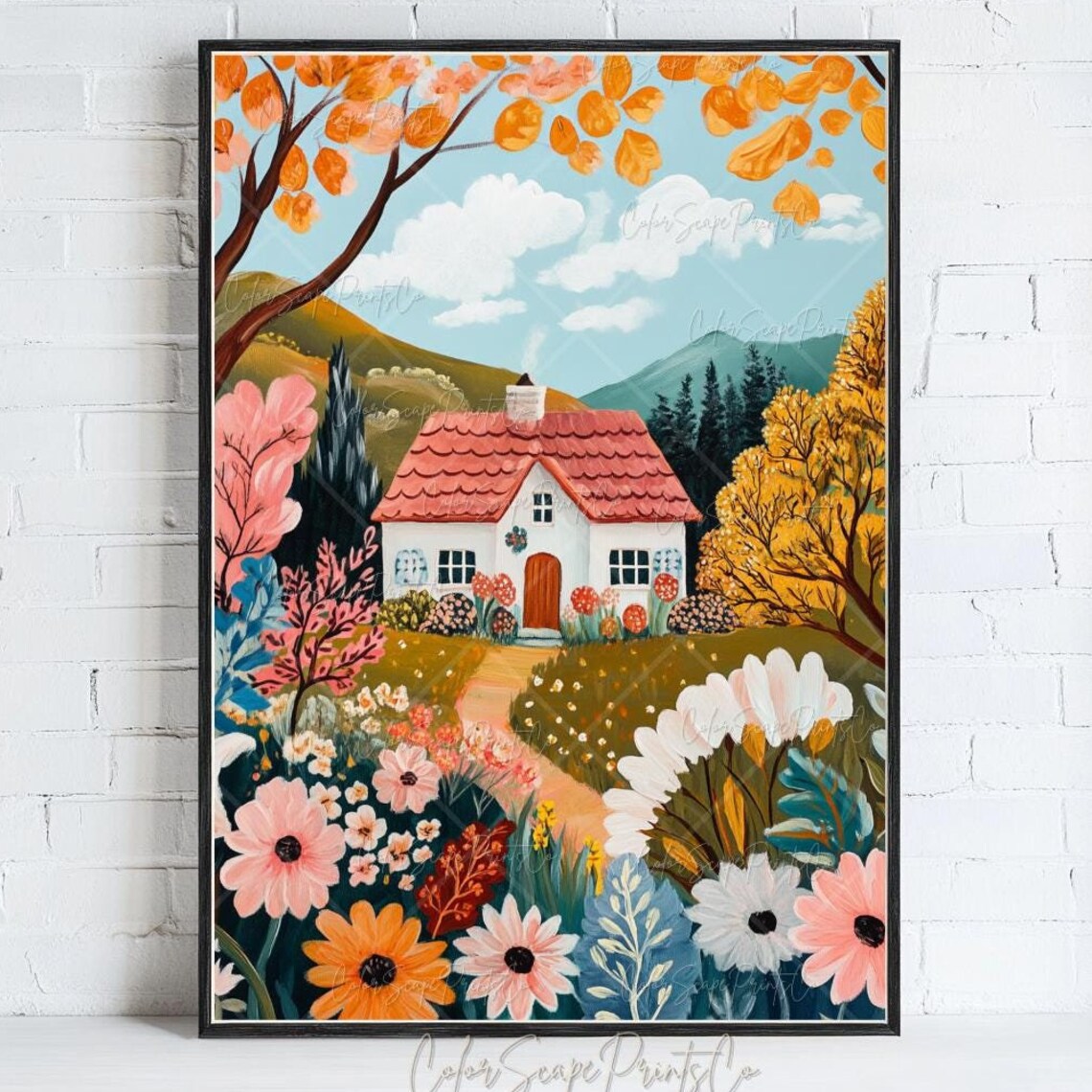Cozy Cottage in Autumn Flower Garden Whimsical Storybook Art Poster