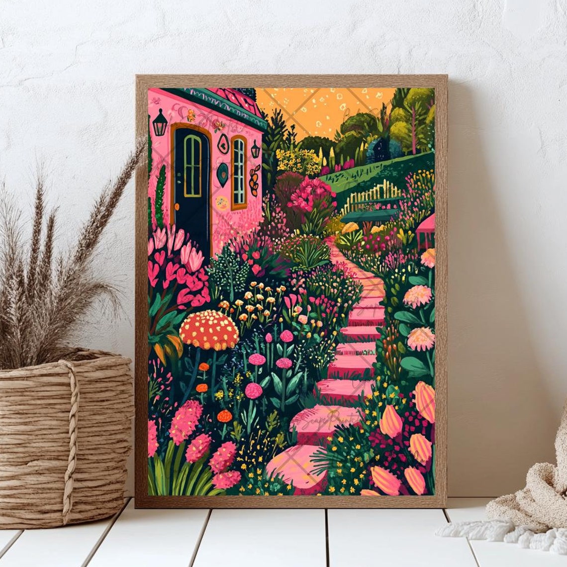 Flower Garden Painting Garden Illustration Colorful Wall Art Colorful Houses Print Whimsical Garden Print Vibrant Scenery Floral Landscape