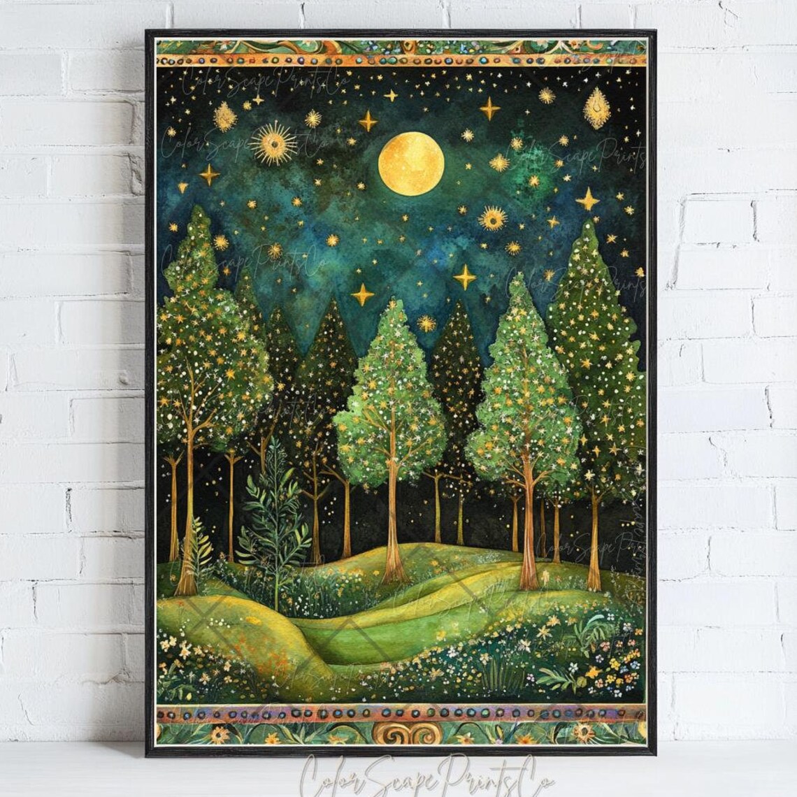 Moonlit Pine Tree Forest Vintage Landscape Art Print