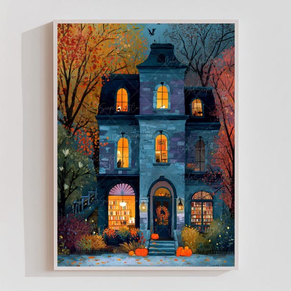 Autumn Bookstore Print Haunted Library House Art Cozy Halloween Mansion Book Nook Decor Bookish Lover Gift