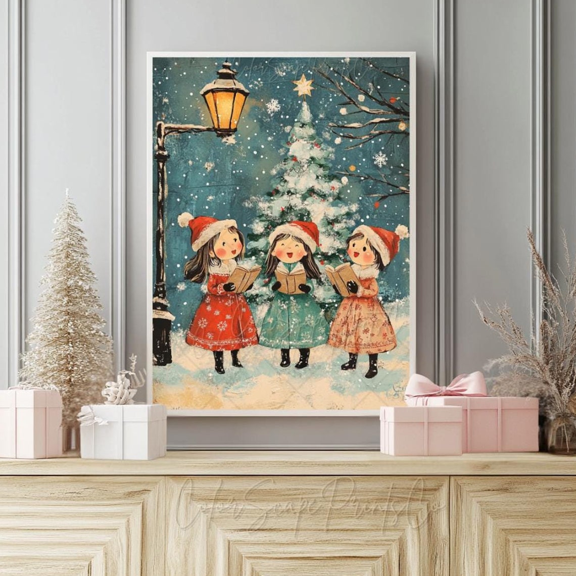 Christmas Carolers Christmas Wall Art Caroling Girls Cozy Christmas Art Christmas Children Winter Print Christmas Nursery Decor