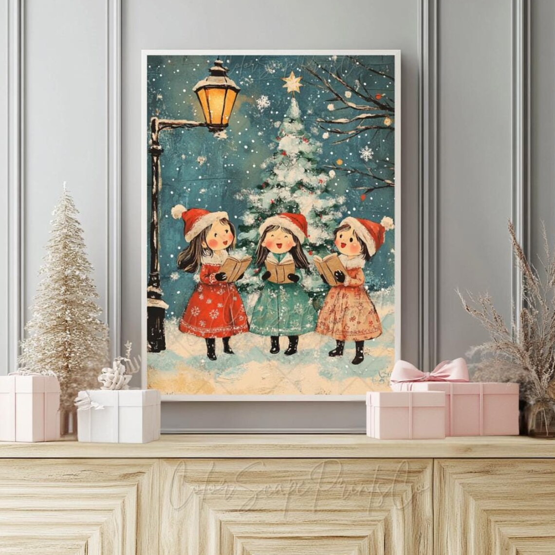 Vintage Christmas Carolers Three Girls Singing Snowy Night Poster
