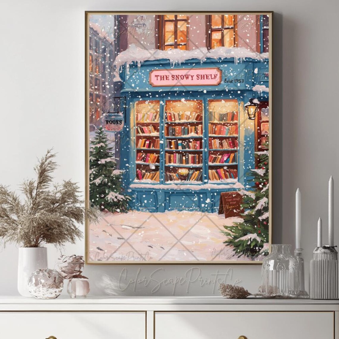 The Snowy Shelf Bookstore Winter Night Snowy Bookshop Poster