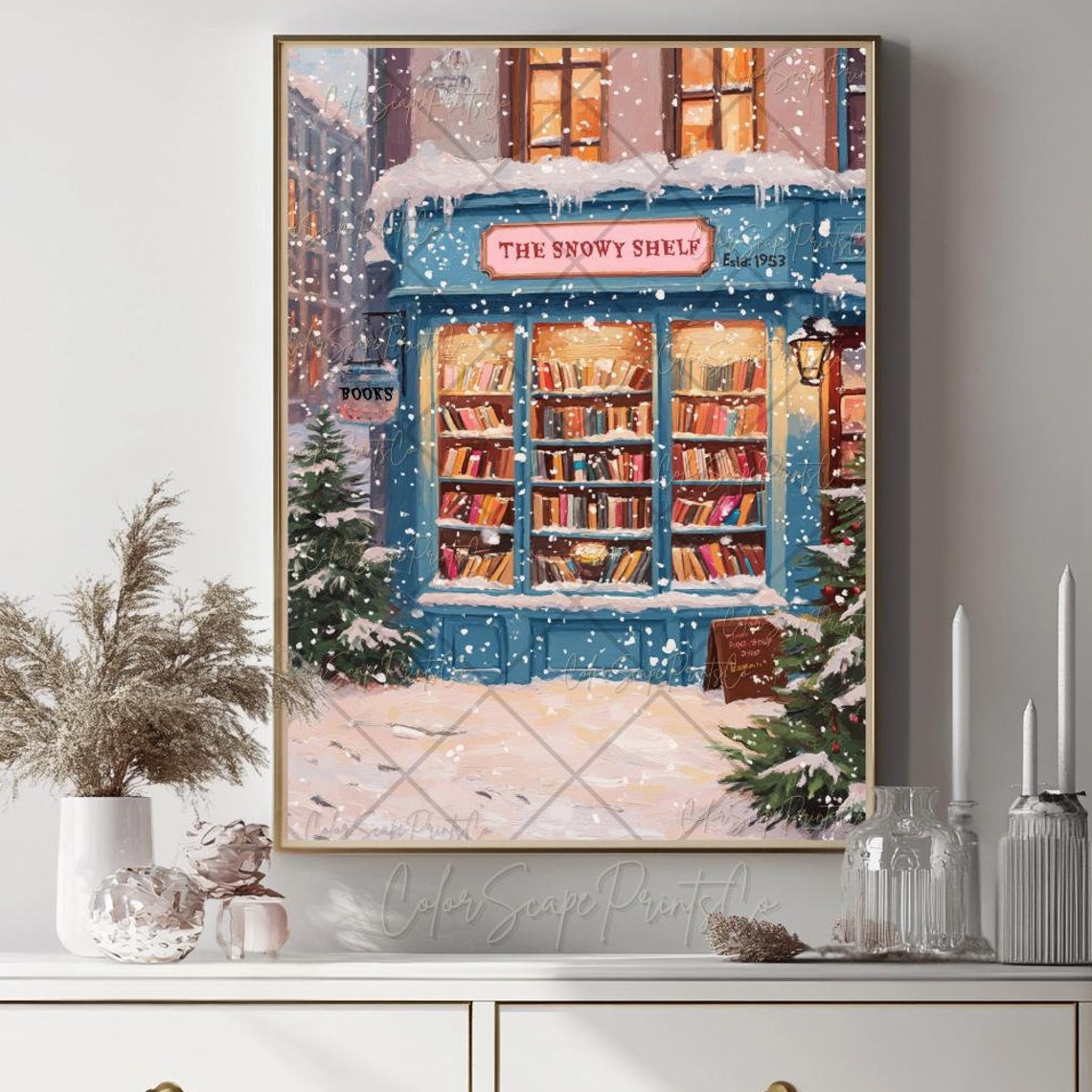 Winter Bookstore Painting Anime Style Bookshop New York Bookstore Poster Snowy Bookshop Nyc Book Art Christmas Reading Cozy Bookish Wall Art