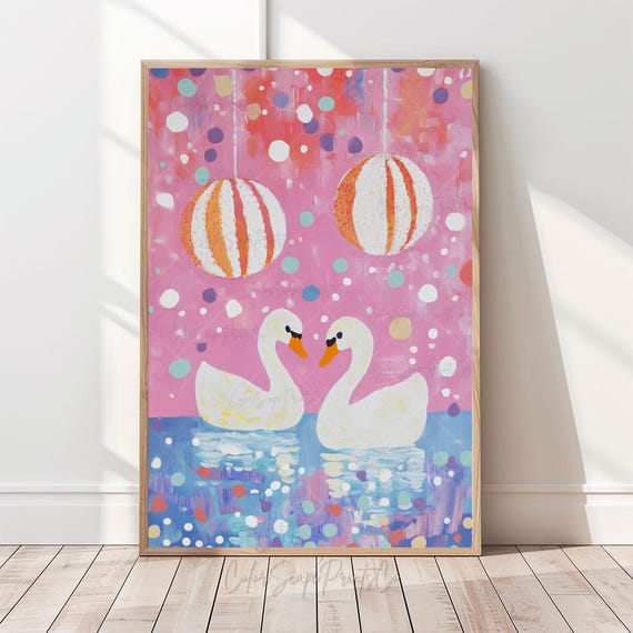 Cute Swan Print Pink Nursery Pair Pastel Animal Wall Art Summer Baby Room Lover Water Bird Decor