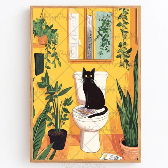 Black Cat Reading Newspaper on Toilet Yellow Bathroom Poster