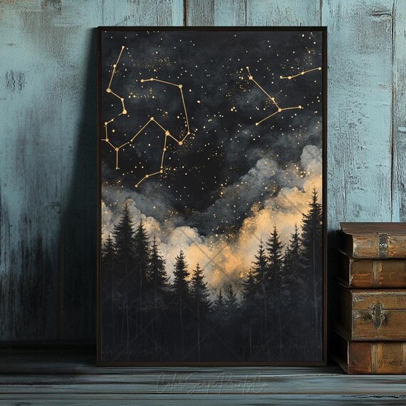 Gold Constellation Map Starry Night Over Pine Forest Silhouette Poster