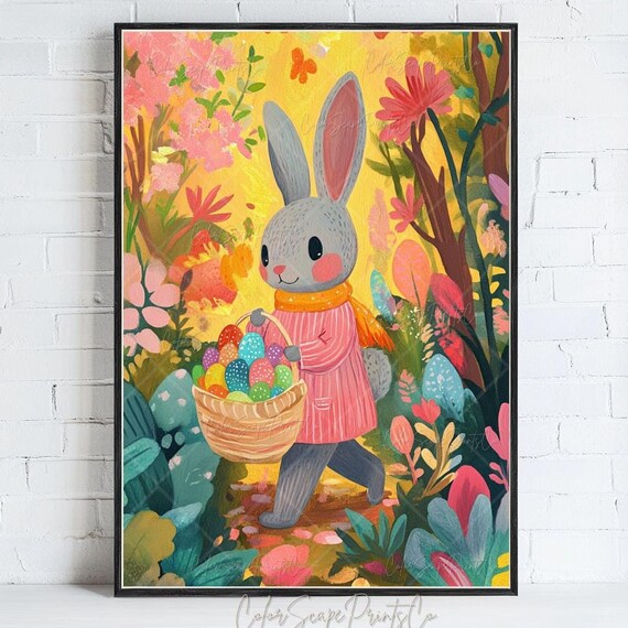 Easter Bunny Basket Eggs Painting Whimsical Forest Flower Poster