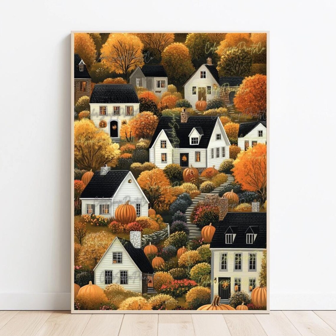 Fall Village Folk Art Print, Autumn Cottage Poster