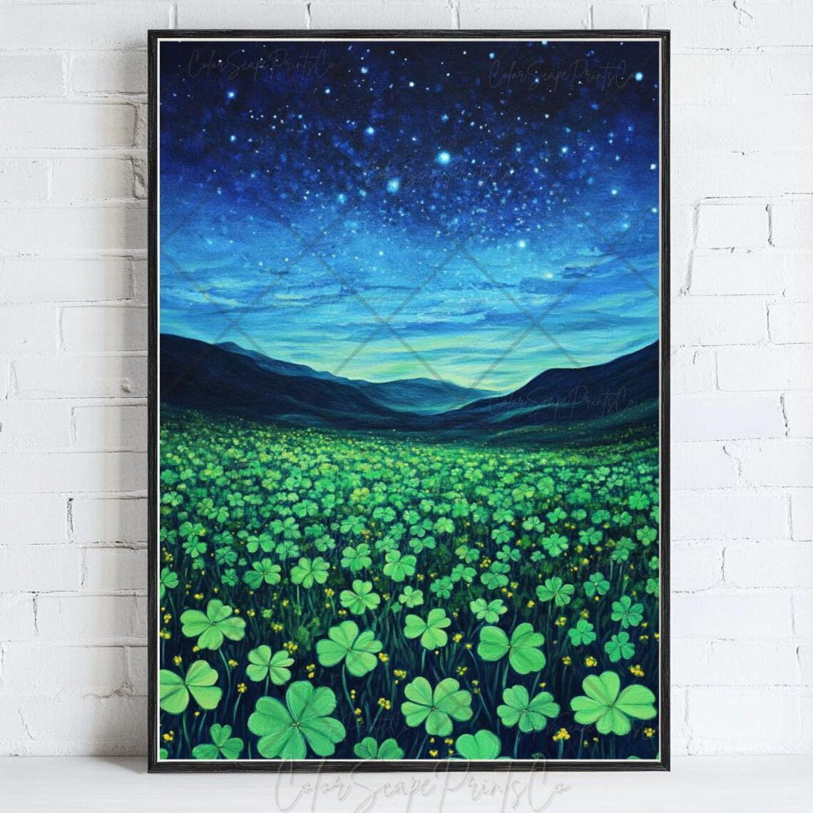 Glowing Clover Field Beneath Starry Midnight Sky Irish Art Poster