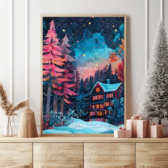 Warm Lit Cabin in Snowy Woods at Night Under Colorful Aurora Sky Poster