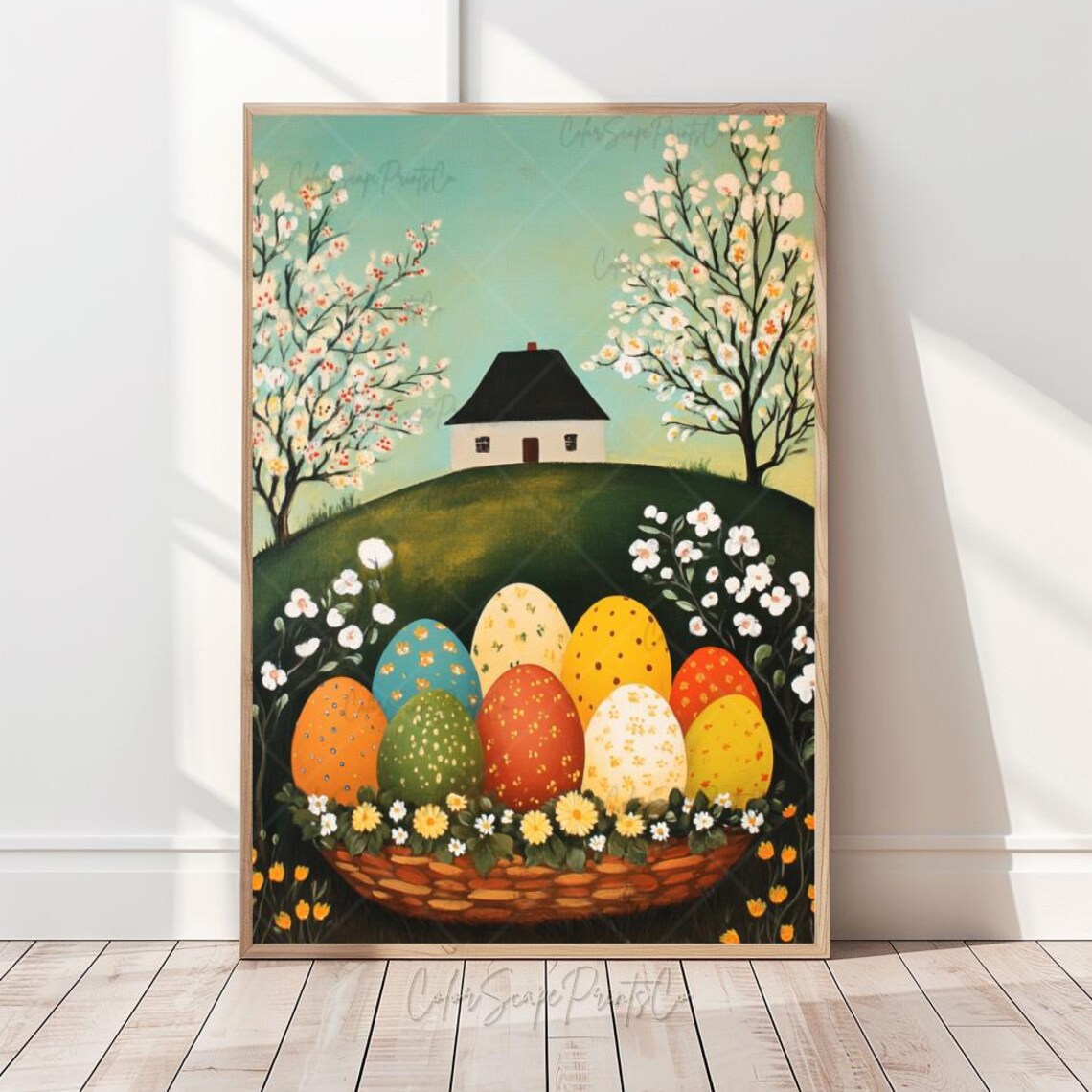 Easter Village Folk Art Painting Colorful Egg Basket Spring Poster