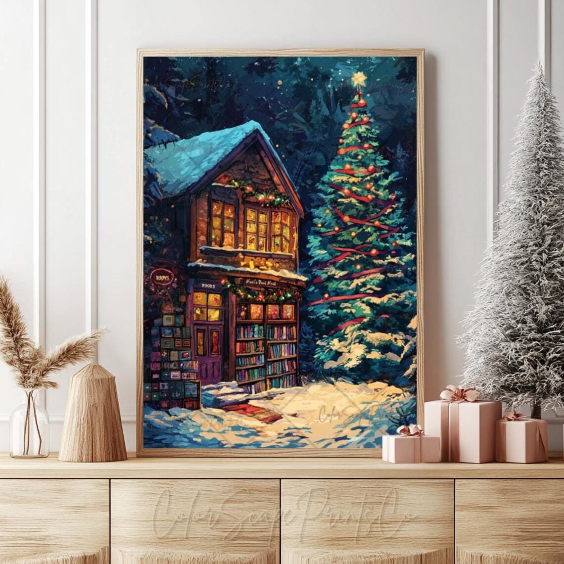 Winter Bookstore Print Christmas Bookshop Print Snowy Bookshop Art Reading Nook Print Bookish Christmas Decor Book Lover Gift Nyc Bookshop