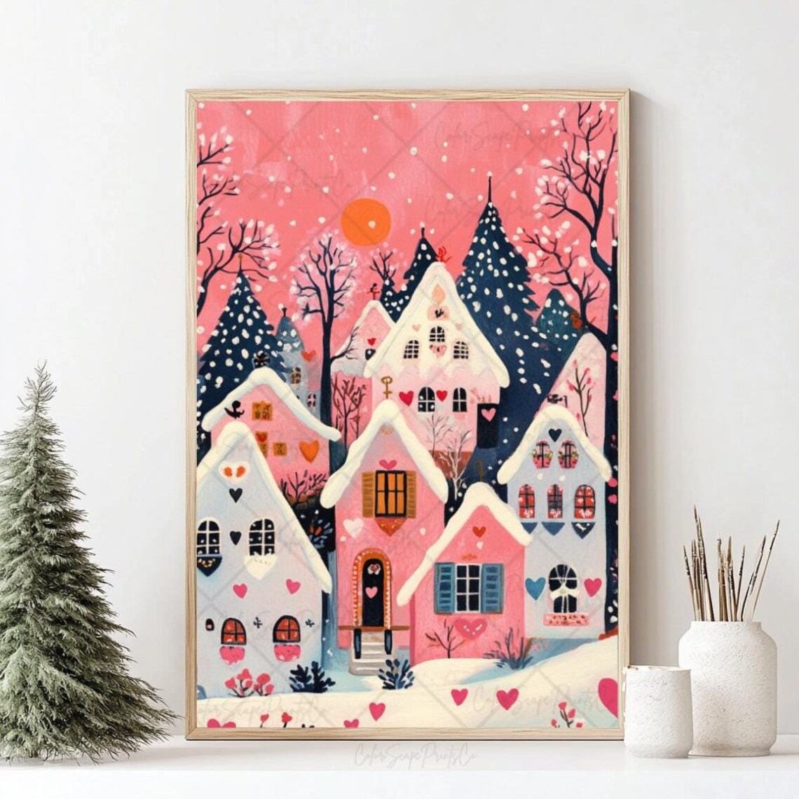 Pink Valentines House Print, Retro Winter Village