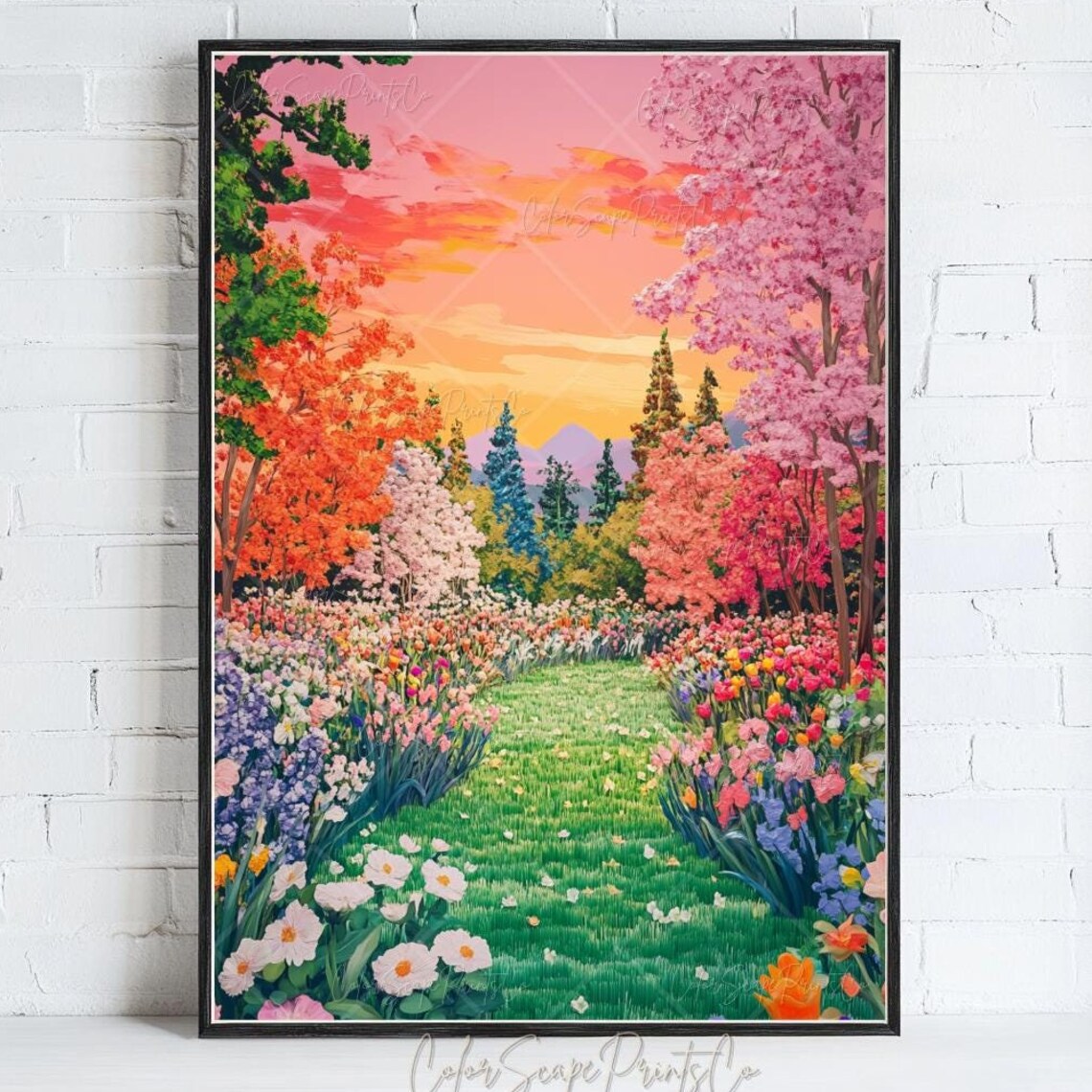 Spring Painting Flower Garden Print Nature Painting Colorful Landscape Wall Art Spring Village Print Summer Wall Art Wildflower Field Print