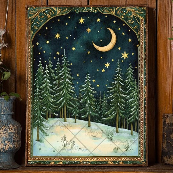 Moon And Stars Print Dark Forest Painting Winter Landscape Print Enchanted Forest Decor Celestial Art Starry Night Sky Crescent Moon Poster