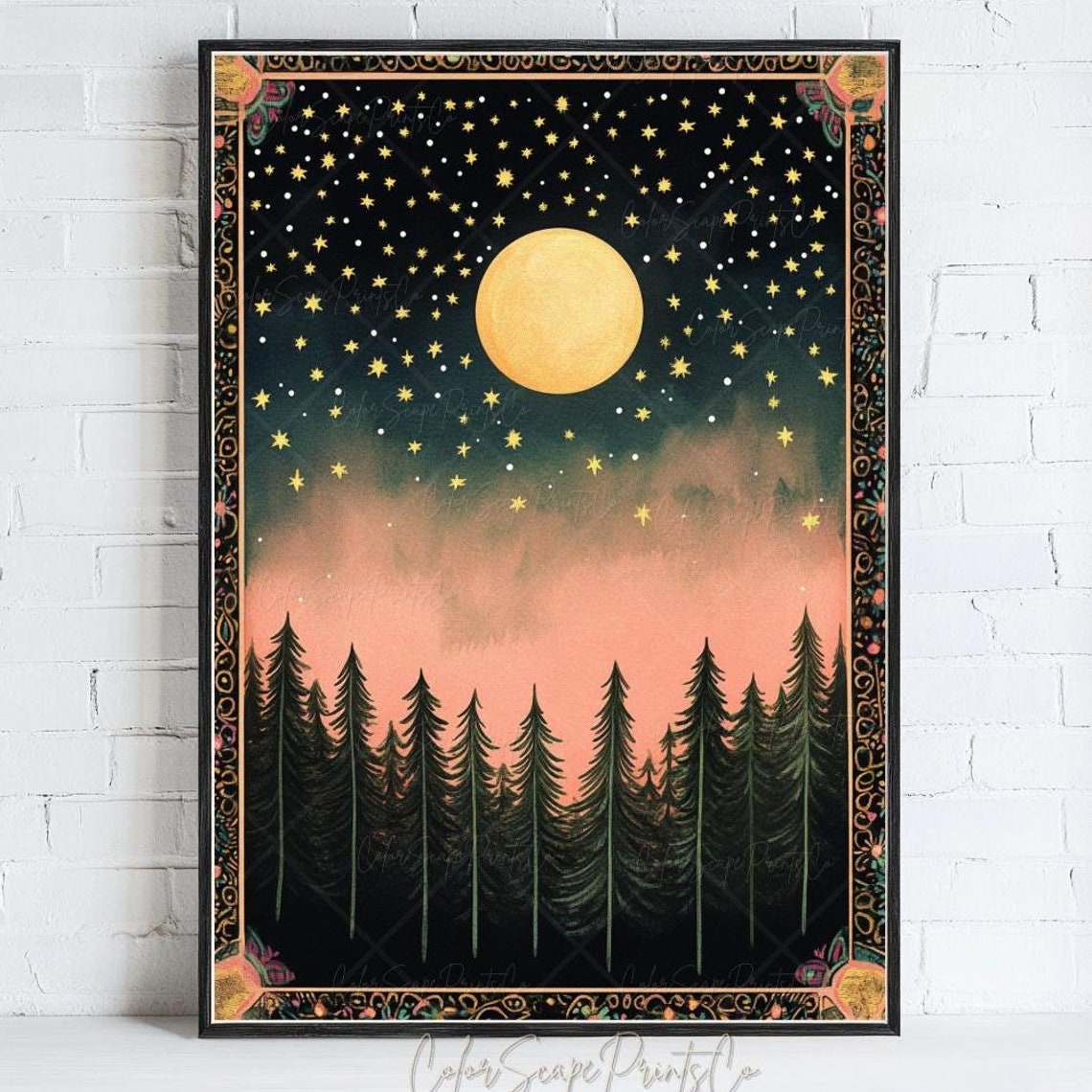 Full Moon and Gold Stars Over Pine Forest Pink Night Sky Poster