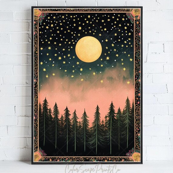 Full Moon and Gold Stars Over Pine Forest Pink Night Sky Poster