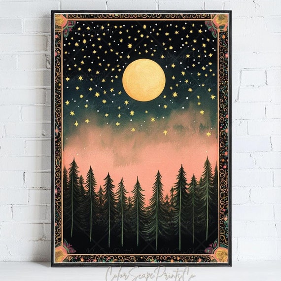 Moon And Stars Wall Art Dark Forest Painting Enchanted Night Print Starry Pink Gold Decor Vintage Landscape