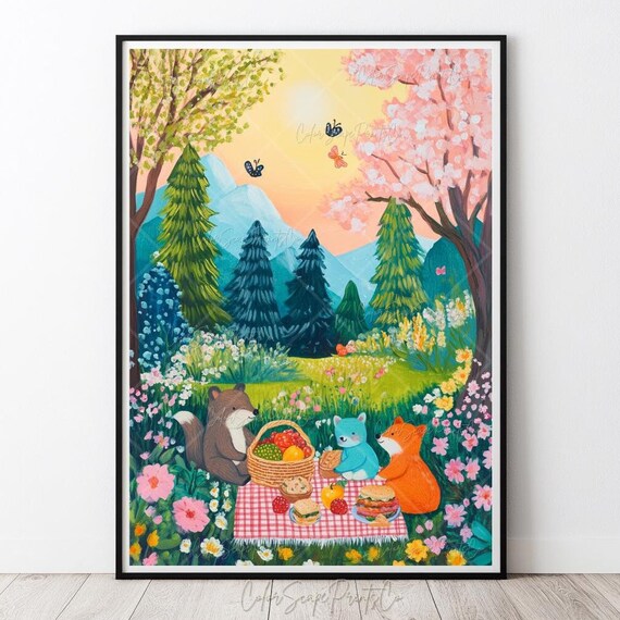 Woodland Animals Picnic Painting Fox Bear Raccoon Spring Meadow Poster