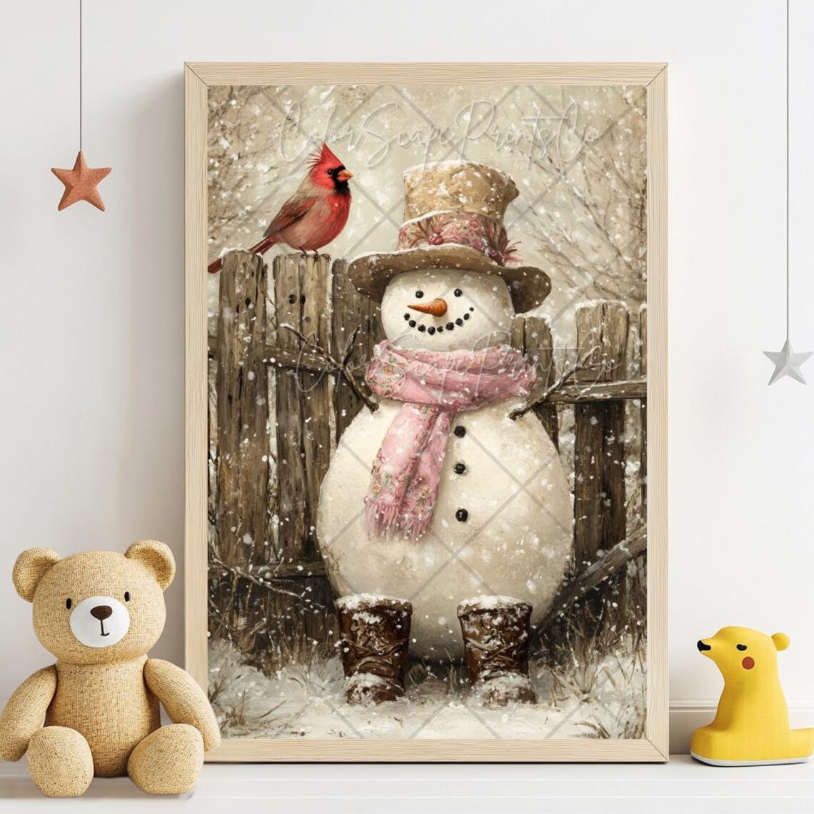 Vintage Snowman in Top Hat with Pink Scarf and Red Cardinal Poster