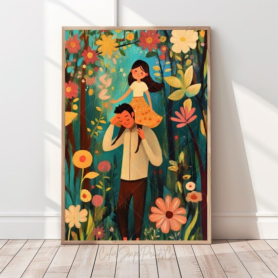 Fathers Day Wall Art Gift Father Daughter Walking Illustration Dad And Girl Print For