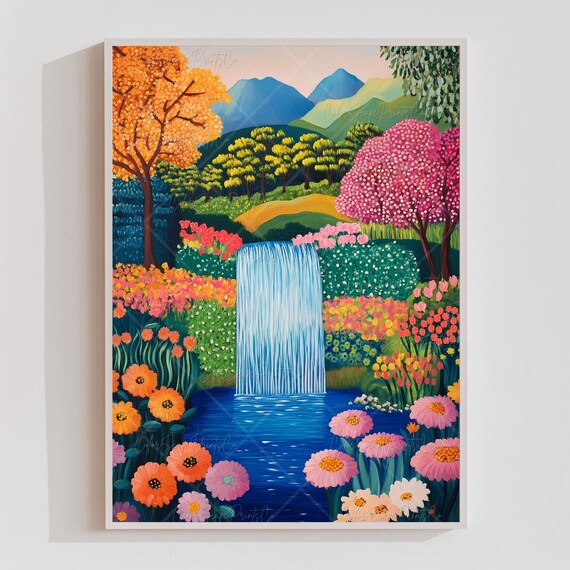 Colorful Waterfall Flower Garden Vibrant Nature Landscape Art Poster