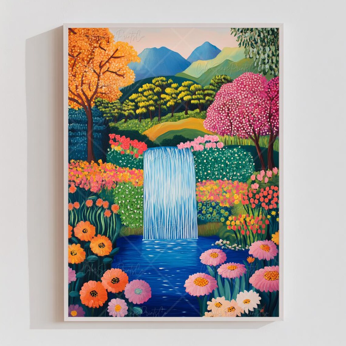 Colorful Waterfall Flower Garden Vibrant Nature Landscape Art Poster