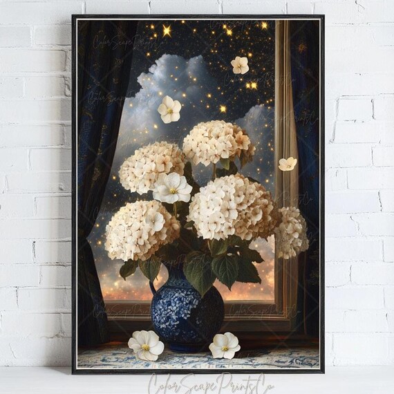 White Hydrangea Night Sky Poster Vintage Floral Vase Celestial Window