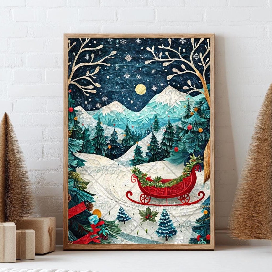 Red Sleigh in Snowy Moonlit Forest Textured Christmas Night Poster