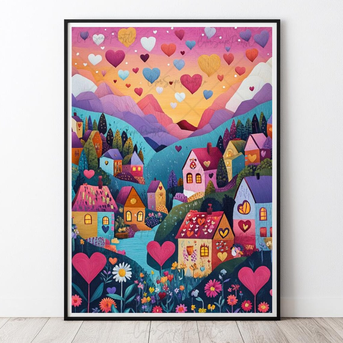 Valentine Village with Floating Hearts Sunset Mountain Painting Poster