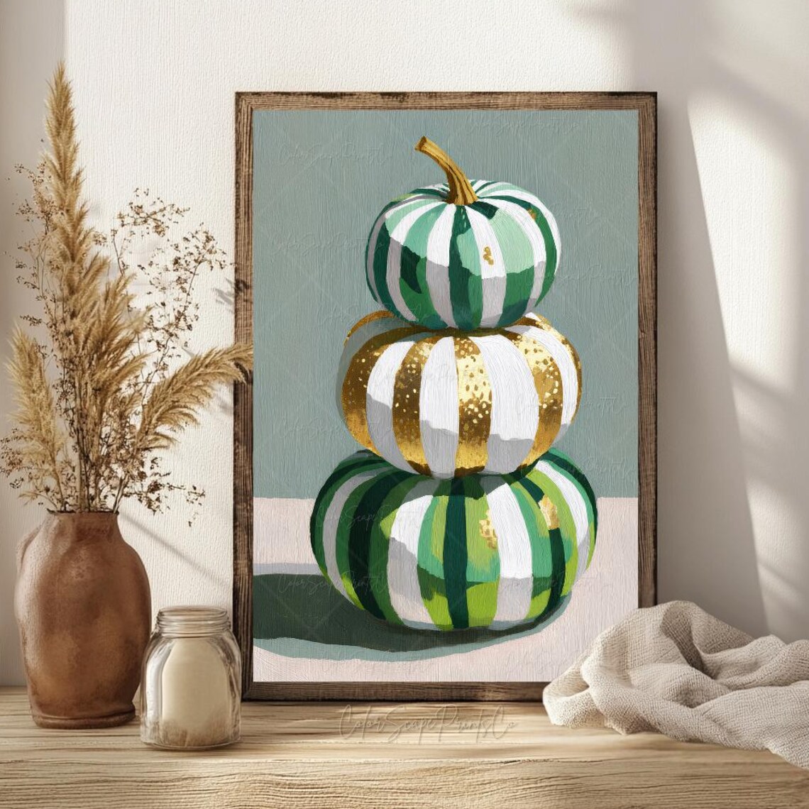 Stacked Green And Gold Striped Pumpkins Modern Fall Harvest Poster