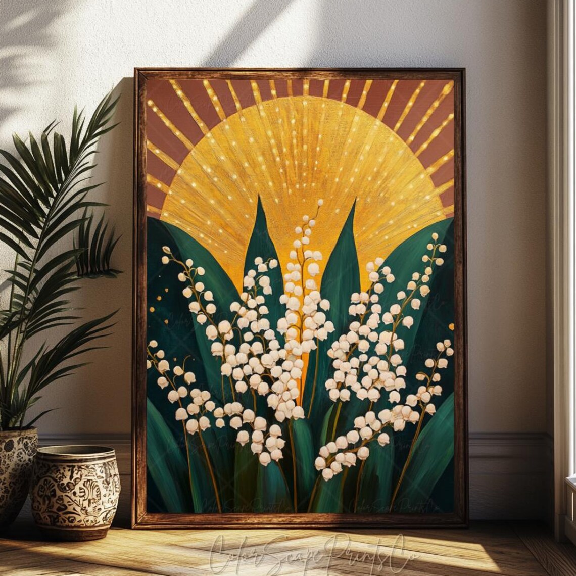 Lily Of The Valley Under Golden Sunrise On Deep Teal Background Poster