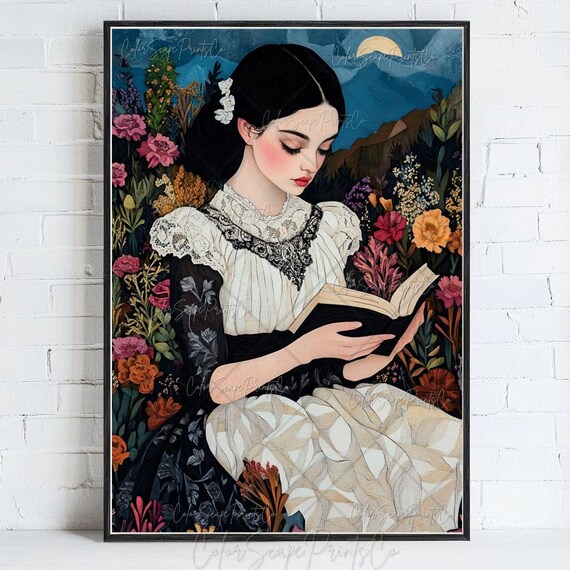 Victorian Woman Reading in Moonlit Flower Garden Dark Floral Poster