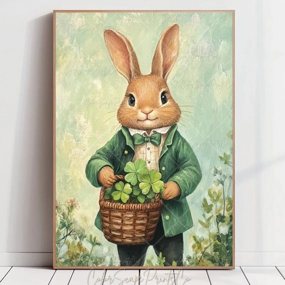 St Patricks Day Print Rustic Bunny Painting Happy Decor Four Leaf Clover Shamrock Cute Spring Animal Art