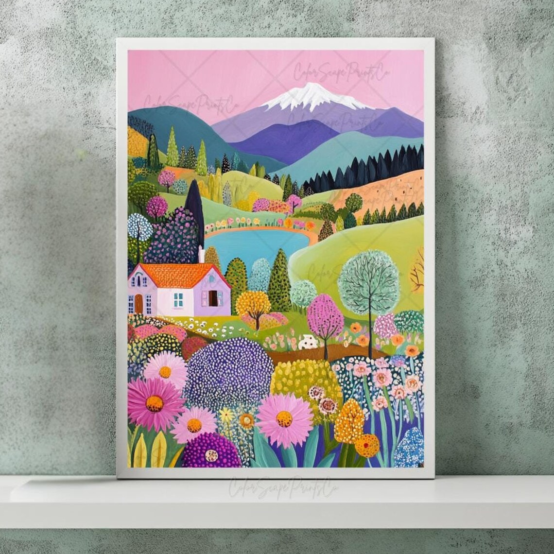 Folk Art Cottage Valley With Lake Wildflowers Mountains Poster