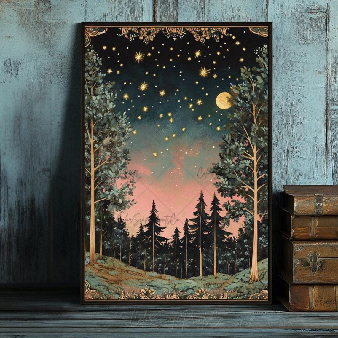 Moon and Stars Dark Forest Vintage Landscape Art Print - Image 4