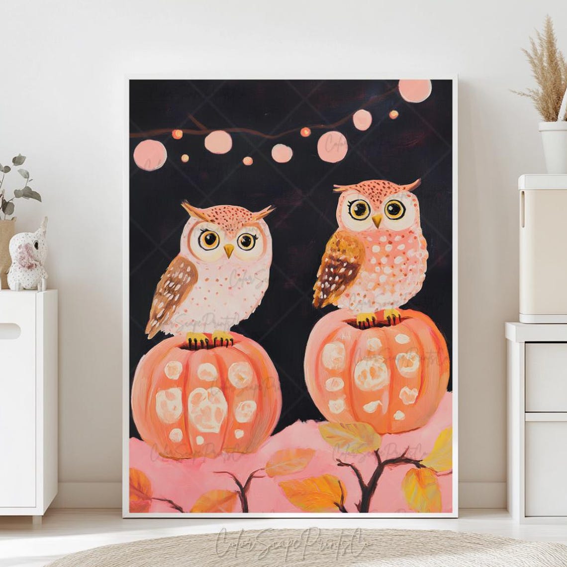 Pastel Halloween Owls On Pumpkins Cute Fall Baby Nursery Art Poster