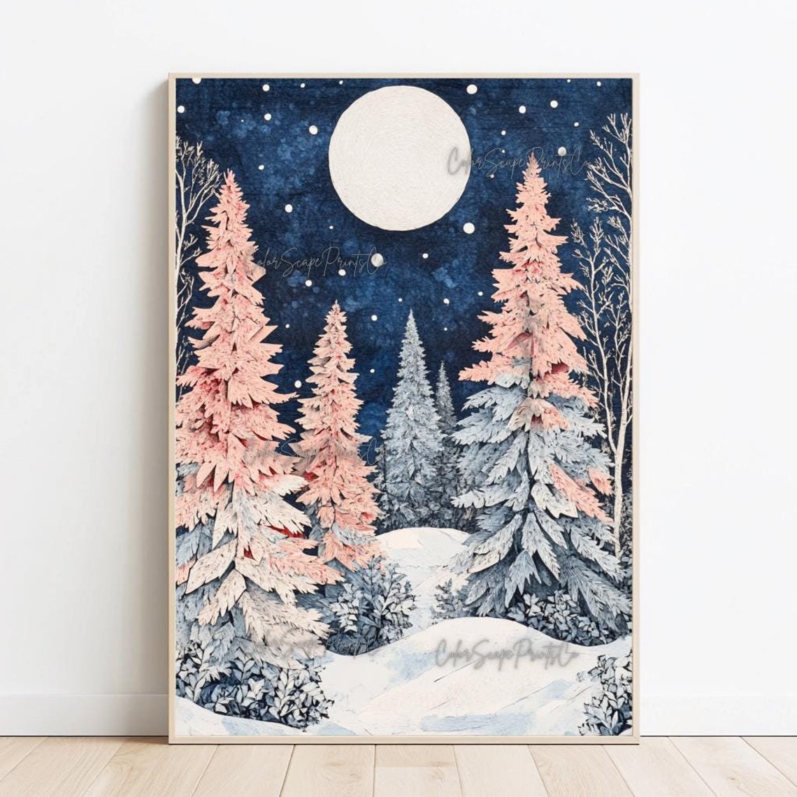 Pink Pine Trees Moonlit Snowy Forest Night Christmas Art Poster