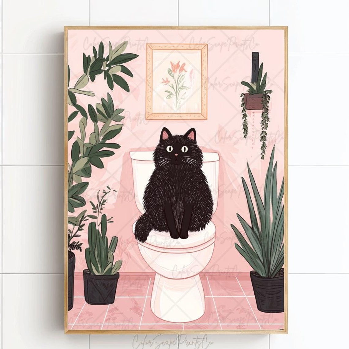 Funny Black Cat Sitting on a Toilet Pink Bathroom Plants Poster